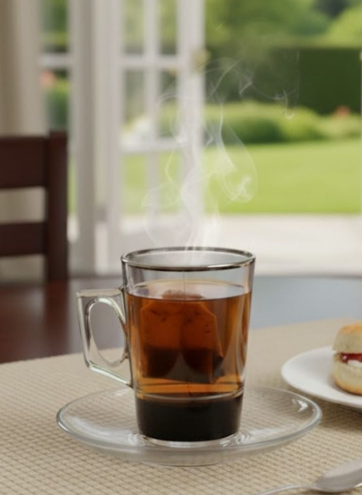 بريميم طقم فناجين شاي زجاجية شفافة مع صحون مكوّن من ست قطع بقاعدة سوداء - Image 3